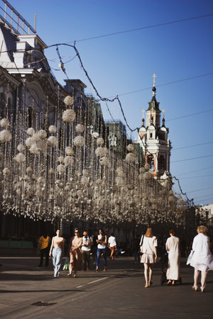 Moscow. Russia May 2021: People on Nikolskaya Street in the center of Moscow.のeditorial素材
