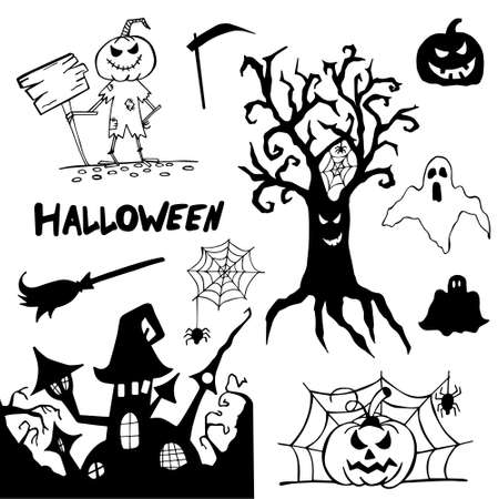Halloween doodle set hand drawn. Halloween vector collection of holiday symbols. Pumpkin, grave, ghost, horror, fear and other drawn vector Halloween elements. Copy space.のイラスト素材