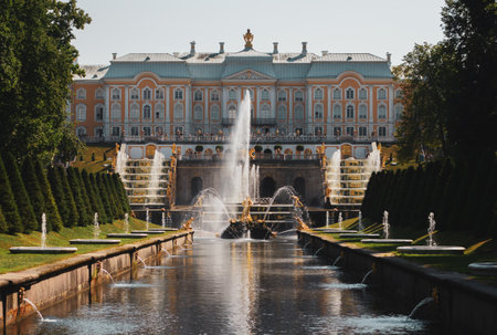 Saint-Petersburg, Russia, July 2021: Grand Cascade Fountain in Peterhof.