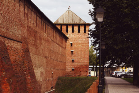 Russia, Kolomna, August 2020: Brick wall of the Kremlin in Kolomnaのeditorial素材