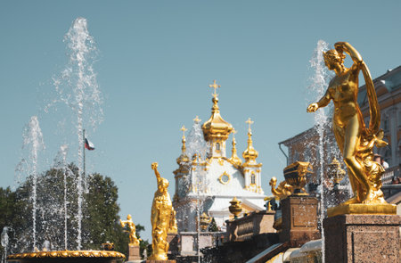 Saint Petersburg, Russia, July 2021: Golden statue of Galatea in Peterhof.のeditorial素材