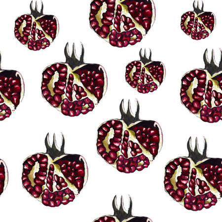 Watercolor seamless pattern with pomegranates. Hand drawn watercolor garnet illustration isolated on white background. Pattern for your fabric. Exotic fruits on a white background.の写真素材