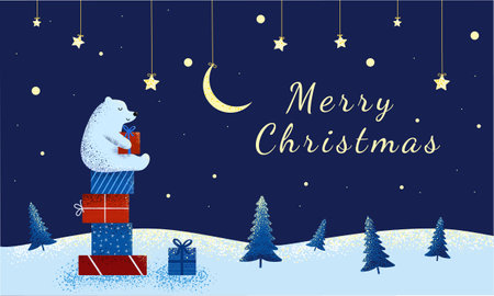 Vector flat illustration of Merry Christmas. Cute teddy bear on Christmas presents under the stars. Christmas gifts in the snow. EPS10のイラスト素材