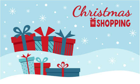Vector flat illustration of Christmas shopping. New Year's card banner Christmas shopping. Christmas gifts in the snow. Vector illustration of EPS10.のイラスト素材