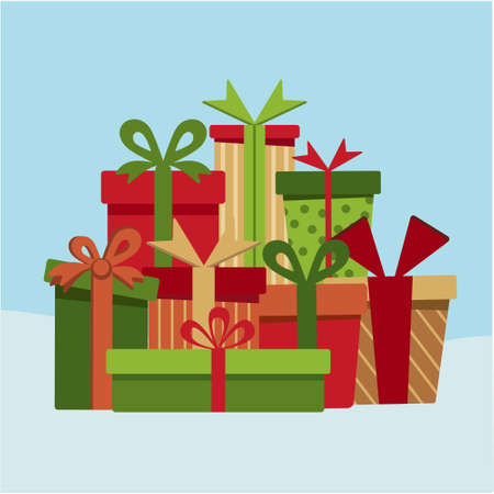 Christmas card with a set of vector gifts. New Year's illustration of flat Christmas gifts in the snow. Vector illustration of EPS10.のイラスト素材