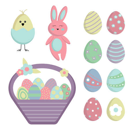 Vector collection of Easter elements for design. Vector illustration: cute Easter bunny, chicken, egg basket, Easter eggs.のイラスト素材