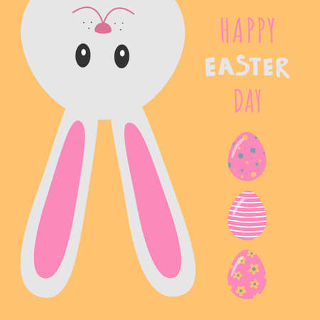 happy easter banner. Easter bunny and eggs on a yellow background. Vector flat illustration for Easter. EPS10. Modern minimalistic style.のイラスト素材