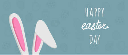happy easter banner. Rabbit ears on a blue background. Vector flat illustration for Easter. EPS10. Modern minimalistic style.のイラスト素材