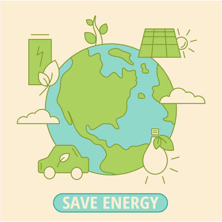 Save energy. Vector flat illustration of planet earth and energy conservation. environment icons. Preserve nature. save world. Ecology banner. EPS10のイラスト素材