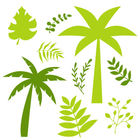 Vector flat set of tropical leaves. Collection of summer foliage.のイラスト素材