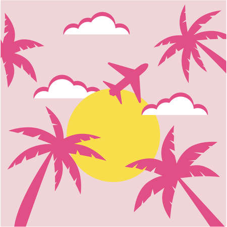Abstract summer background. Banner pink palm trees on the background of the sun. Vector flat illustration of summer, palm trees, airplane.のイラスト素材