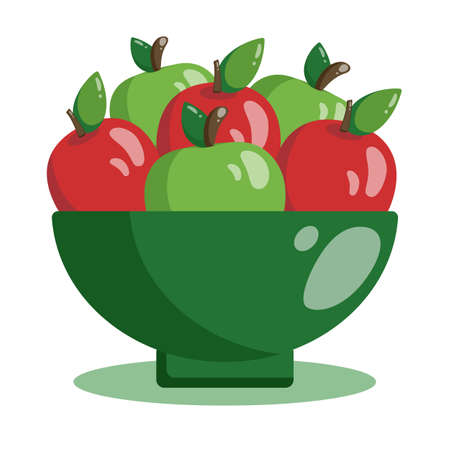 Kitchen bowl with green and red apples. Vector flat illustration of plate with fruit.のイラスト素材