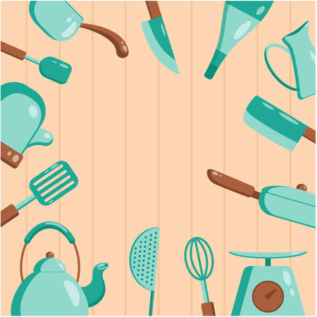 kitchen tools background. Vector flat illustration Kitchenware collection. Cooking tools, utensils, cutlery isolated on wooden background. copyspace.のイラスト素材