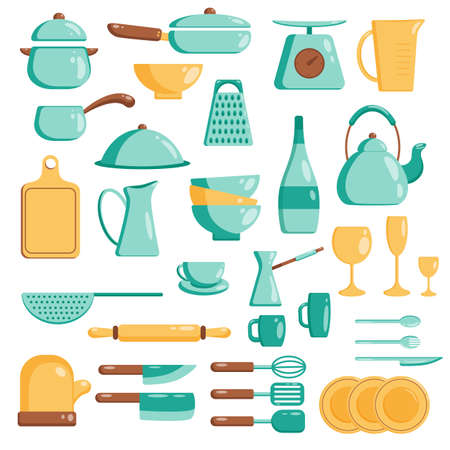 Kitchen tools set. Vector flat illustration Kitchenware collection. Cooking tools, utensils, cutlery...