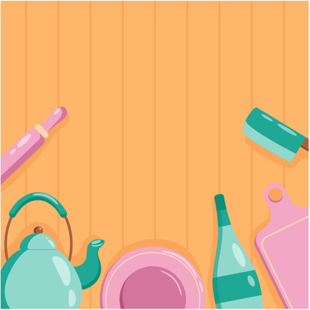 kitchen tools background. Vector flat illustration Kitchenware collection. Cooking tools, utensils, cutlery isolated on wooden background. copyspace.のイラスト素材