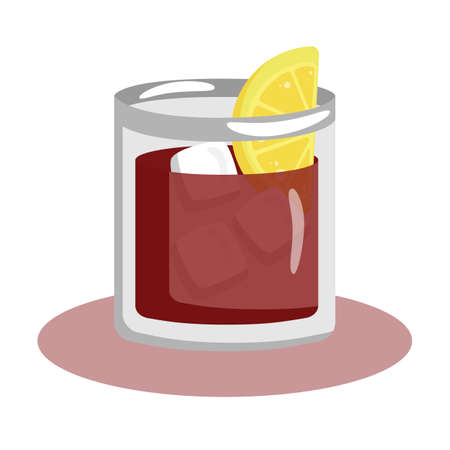 Negroni with ice and lemon in a glass. Vector flat illustration of negroni cocktail.のイラスト素材