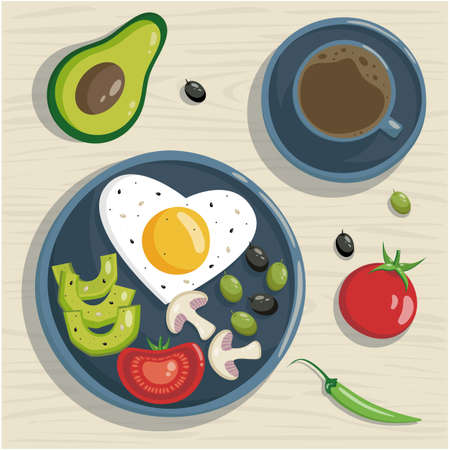 Fried egg with vegetables and coffee. Vector flat illustration of a healthy breakfast. Fried egg, avocado, tomatoes, mushrooms and olives. top view. flat lay.のイラスト素材