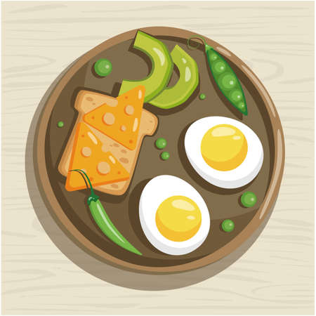 Boiled egg, cheese sandwich and avocado. Vector flat illustration of a healthy breakfast. Egg with vegetables. top view. flat lay.のイラスト素材
