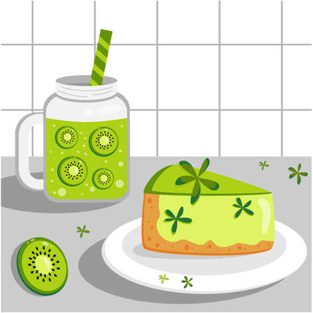 Matcha tea pie. Fruit smoothie with kiwi. Vector flat illustration slice of cake with kiwi and fruit smoothie. Tasty green breakfast.のイラスト素材
