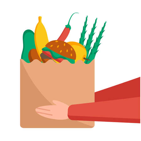 food delivery. Courier brought a package of food. Hand holds out bag of food.のイラスト素材