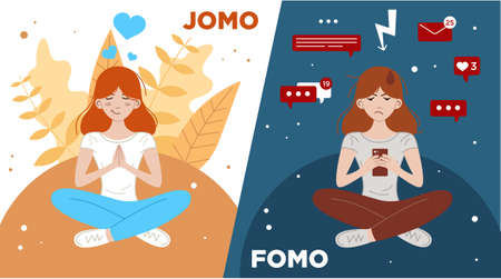 FOMO vs JOMO concept in flat design two different lifestyle. Fear of missing out vs Joy. Differences between From and Common lifeのイラスト素材