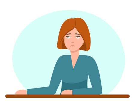 Sad girl is sitting at the table. character design. Vector illustration in flat style.のイラスト素材