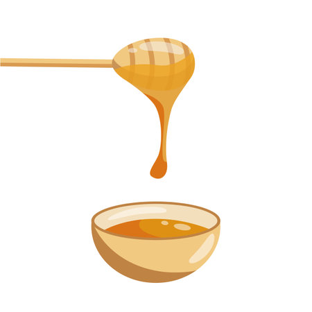 Honey on wooden spoon. fresh honey. Honey dripping from wooden spoon on cup isolated on white background.のイラスト素材