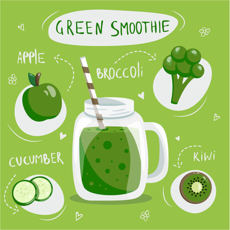 Green smoothie recipe. Dietary cocktail of apple, cucumber, kiwi and broccoli. Recipe for detox smoothie. Delicious drink is healthy. Illustration for restaurants, bars, menu.のイラスト素材