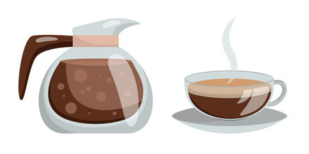 coffee pot. Vector illustration of glass coffee pot. Hot fragrant coffee in glass pot and cup. Cappuccino, Americano, Espresso.のイラスト素材