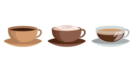 Set of coffee cups on white background. Vector collection of coffee elements in flat style. Cappuccino, espresso, mocha, latte.のイラスト素材