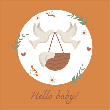 Hello baby greeting card. Baby shower invite banner. Cute birthday party background. welcome template. Happy greeting poster with newborn kid. cartoon flat illustration.のイラスト素材