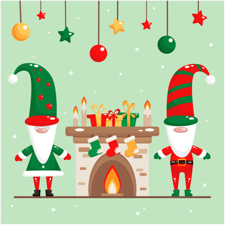 Vector illustration of Christmas gnomes by the fireplace. Cute Scandinavian gnomes for Christmas. Cozy Christmas illustration in flat style.のイラスト素材