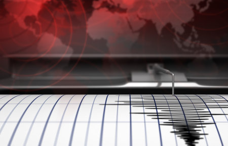Seismograph with paper in action and earthquake - 3D Rendering
