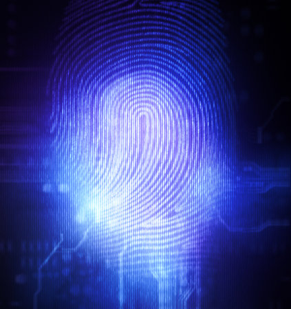 <p>Print of finger on digital background</p>の写真素材