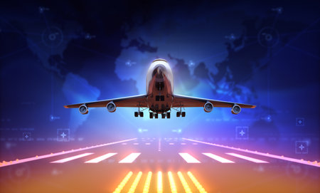 3d Airplane over runwayの写真素材