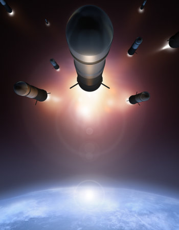 Rockets in the space over Earthの写真素材