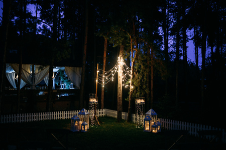 garlands of light bulbs between the pinesの写真素材