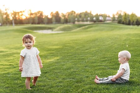 A day in the countryside. Little cute kids in the meadow. Baby girl runs on the grass, baby boy sits...