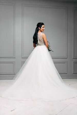 Studio photo of the bride in a chic long dress with a train. View from the backの写真素材