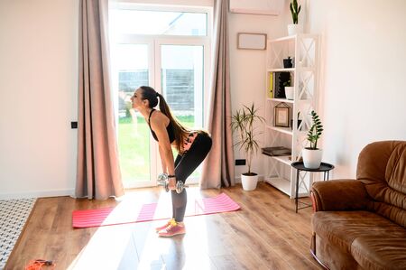 Young attractive woman doing full body workout at home. She is in sportswear with dumbbells in her hands.の写真素材