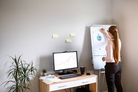 Wide shot of a young woman standing with her back to the camera near the flip chart, writing business plan. Brunette girl with long ponytail works at office and writing on a flip chart.の写真素材