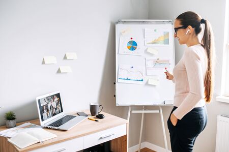 Online presentation. Smart woman in casual wear with glasses talks speech in front of online audience on laptop screen. Woman points on flip chart. Side viewの写真素材