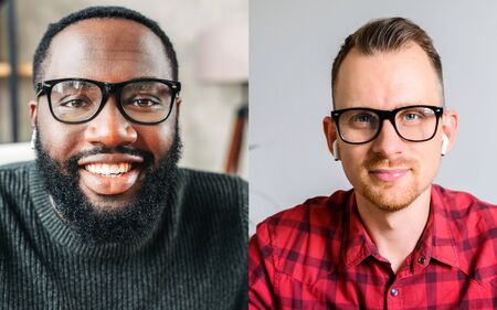 Photo collage of two multiracial employees is talking online via video connection. Virtual meeting conceptの写真素材