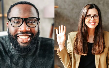 Photo collage of two people talking online via video connection. Webcam shots of african-american guy and caucasian girl are employees or friends sharing screenの写真素材