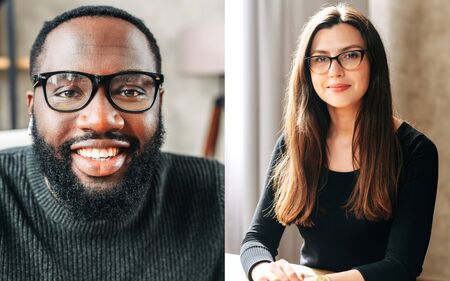 Photo collage of two people talking online via video connection. Webcam shots of african-american guy and caucasian girl are employees or friends sharing screenの写真素材