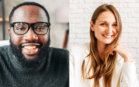 Photo collage of two people talking online via video connection. Webcam shots of african-american guy and caucasian girl are employees or friends sharing screenの写真素材