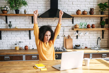 Success at work, good deal. An African-American girl looks at the laptop screen, screams excitedly and raises his fists in a victory gestureの写真素材