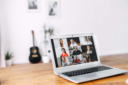 Using app for distance video communication with multiracial coworkers, friends. People profiles on...