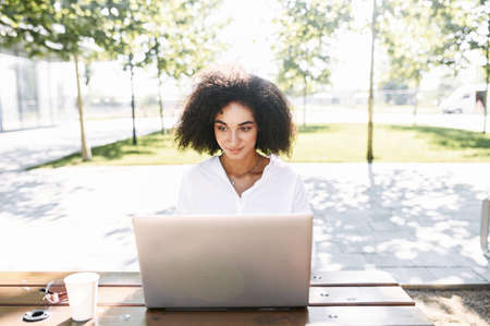 Attractive dark skinned freelancer woman using laptop computer for work while sitting in the municipal parkの写真素材