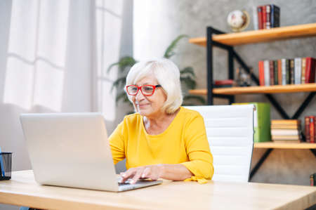 Older woman in smart casual wear and eyeglasses using laptop for work indoor. Beautiful grey-haired lady in the officeの写真素材
